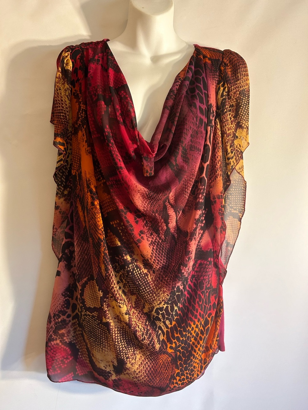 ONE WORLD SNAKESKIN DRAPE FRONT COWL NECKLINE FLOW BATWING CAP SLEEVES TOP XL